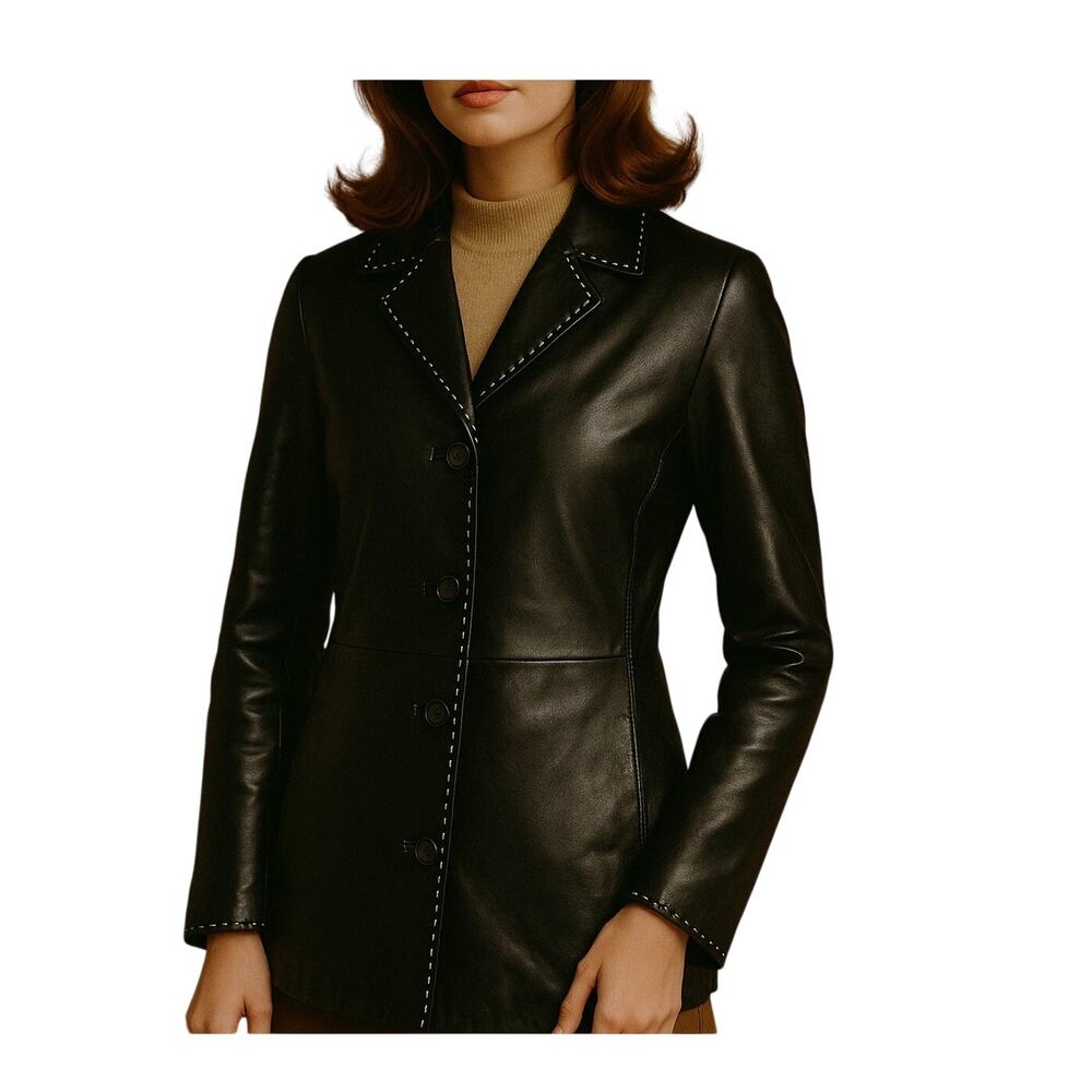 Adler Collection Black Lamb Leather Coat White Stitching Size Medium